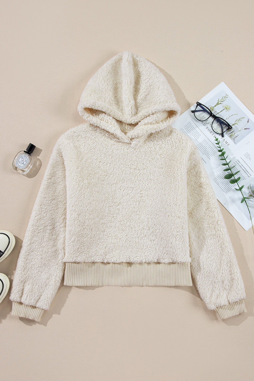 White Plush Hoodie with Contrast Ribbed Hem and Cuffs