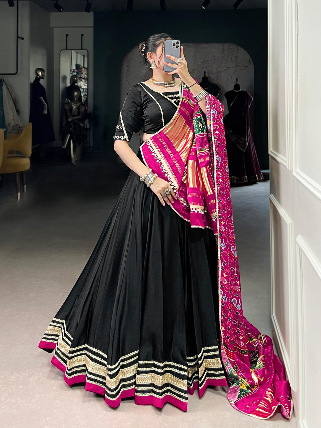 Black Silk Georgette Lace Touch Up Lehenga Choli with Dupatta