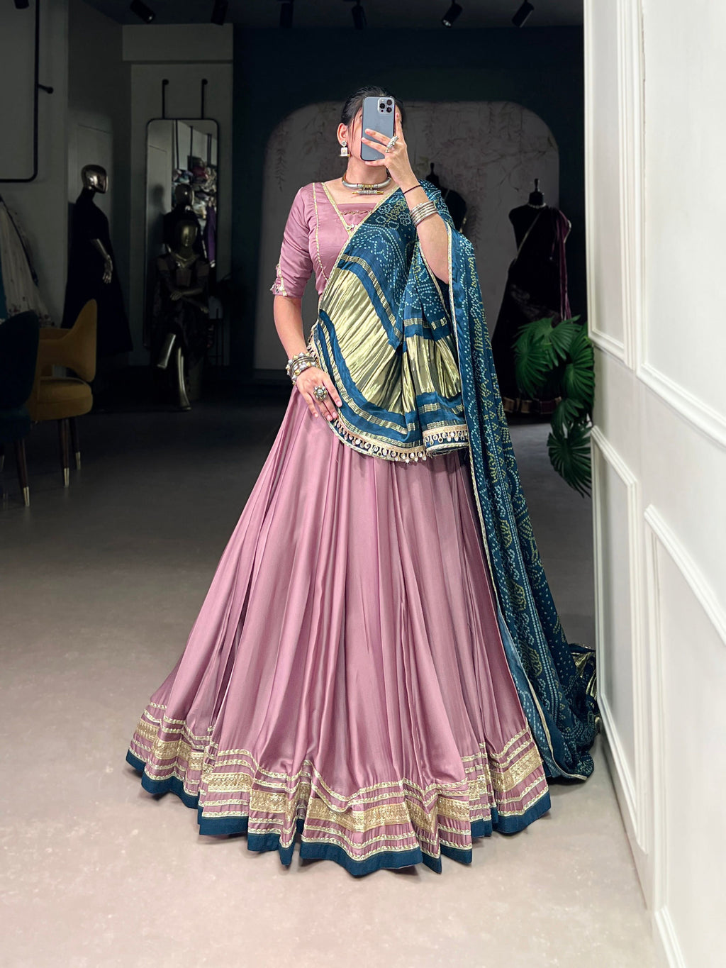 Onion pink silk georgette lehenga choli with lace detailing and matching dupatta