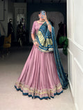 Onion pink silk georgette lehenga choli with lace detailing and matching dupatta