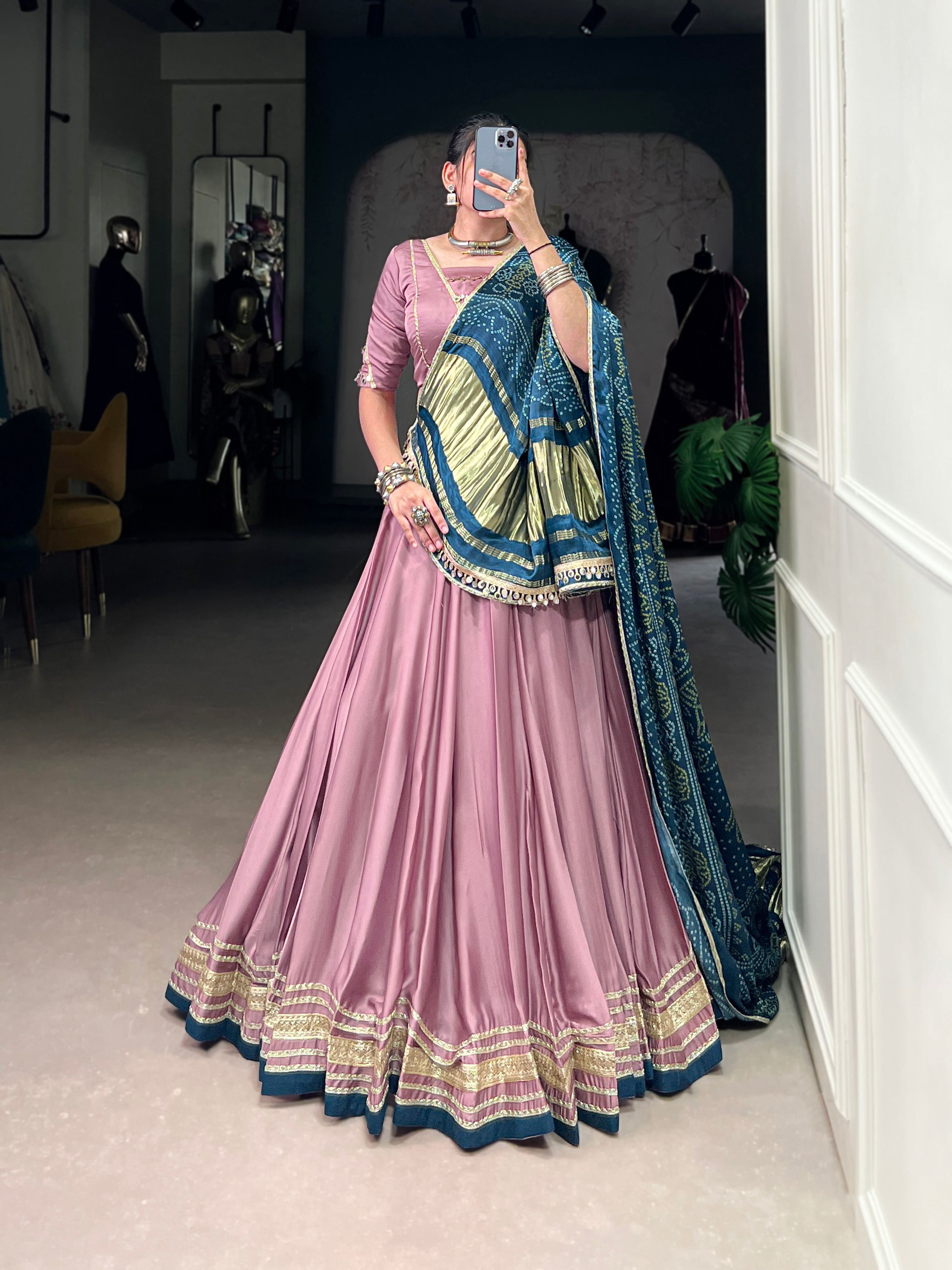 Onion pink silk georgette lehenga choli with lace detailing and matching dupatta
