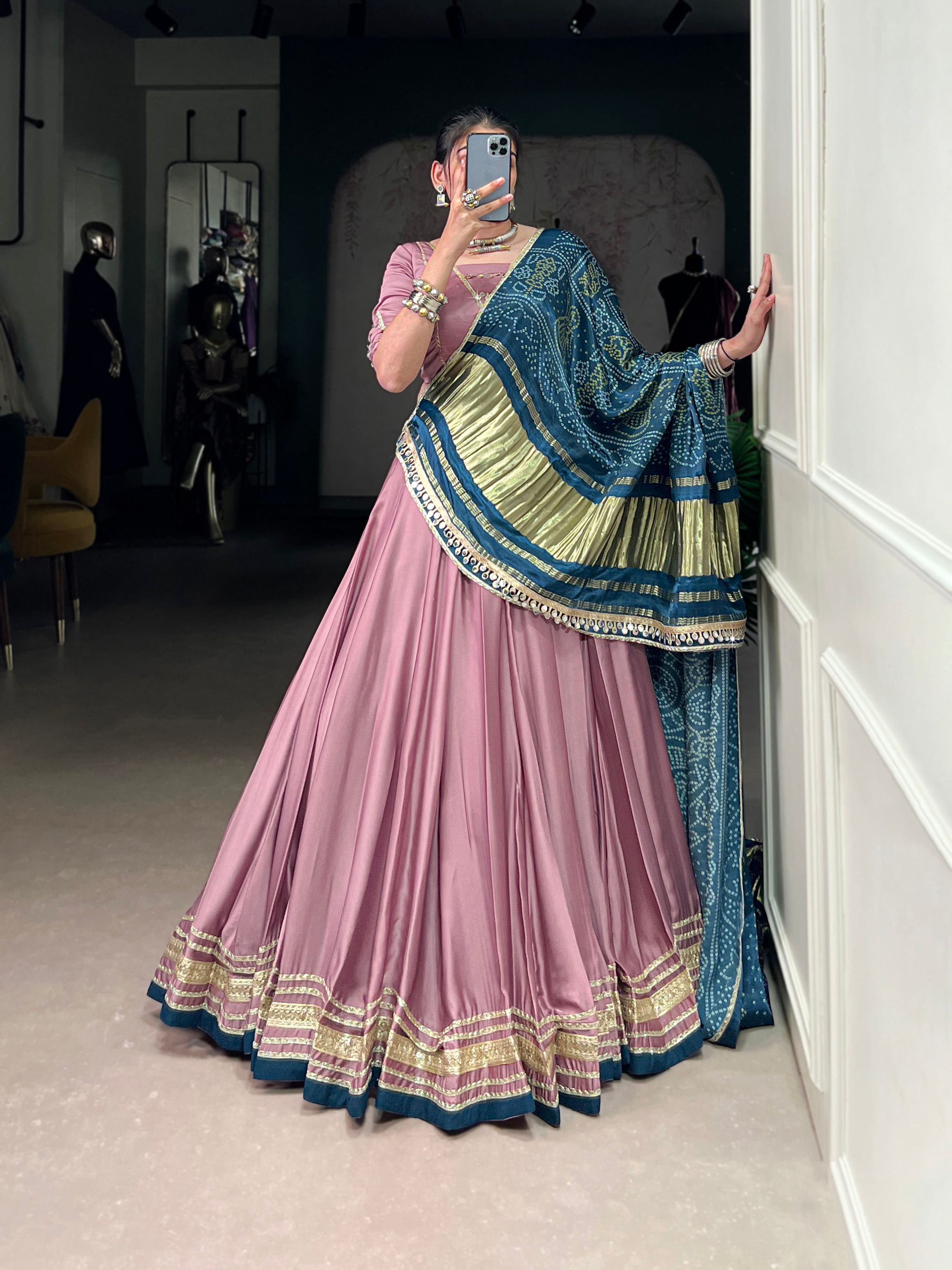 Onion Pink Silk Georgette Lehenga Choli with Lace Detail