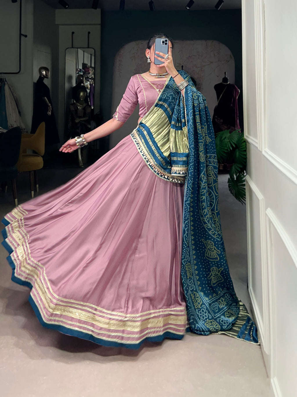 Onion Pink Silk Georgette Lehenga Choli with Lace Detail