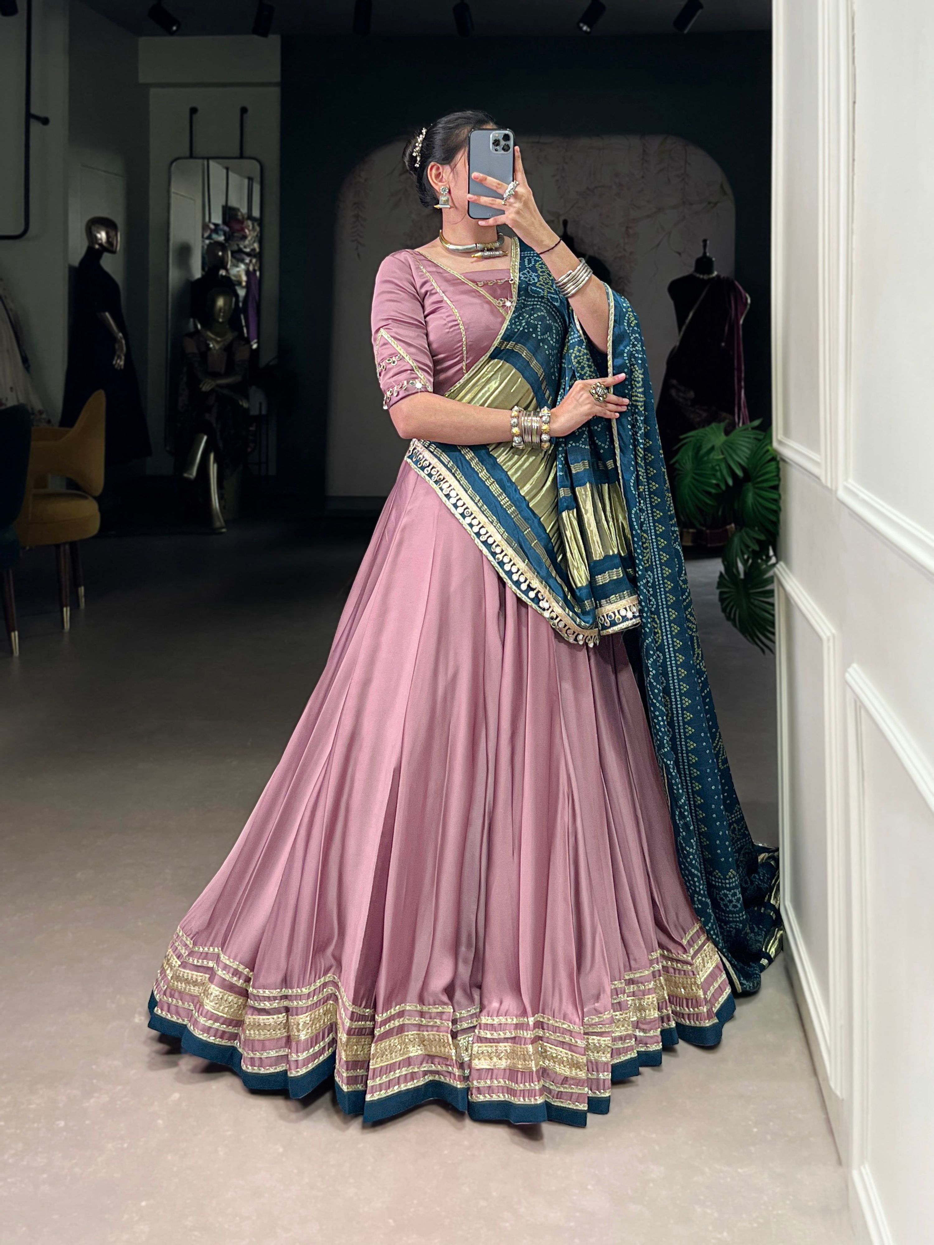 Onion Pink Silk Georgette Lehenga Choli with Lace Detail