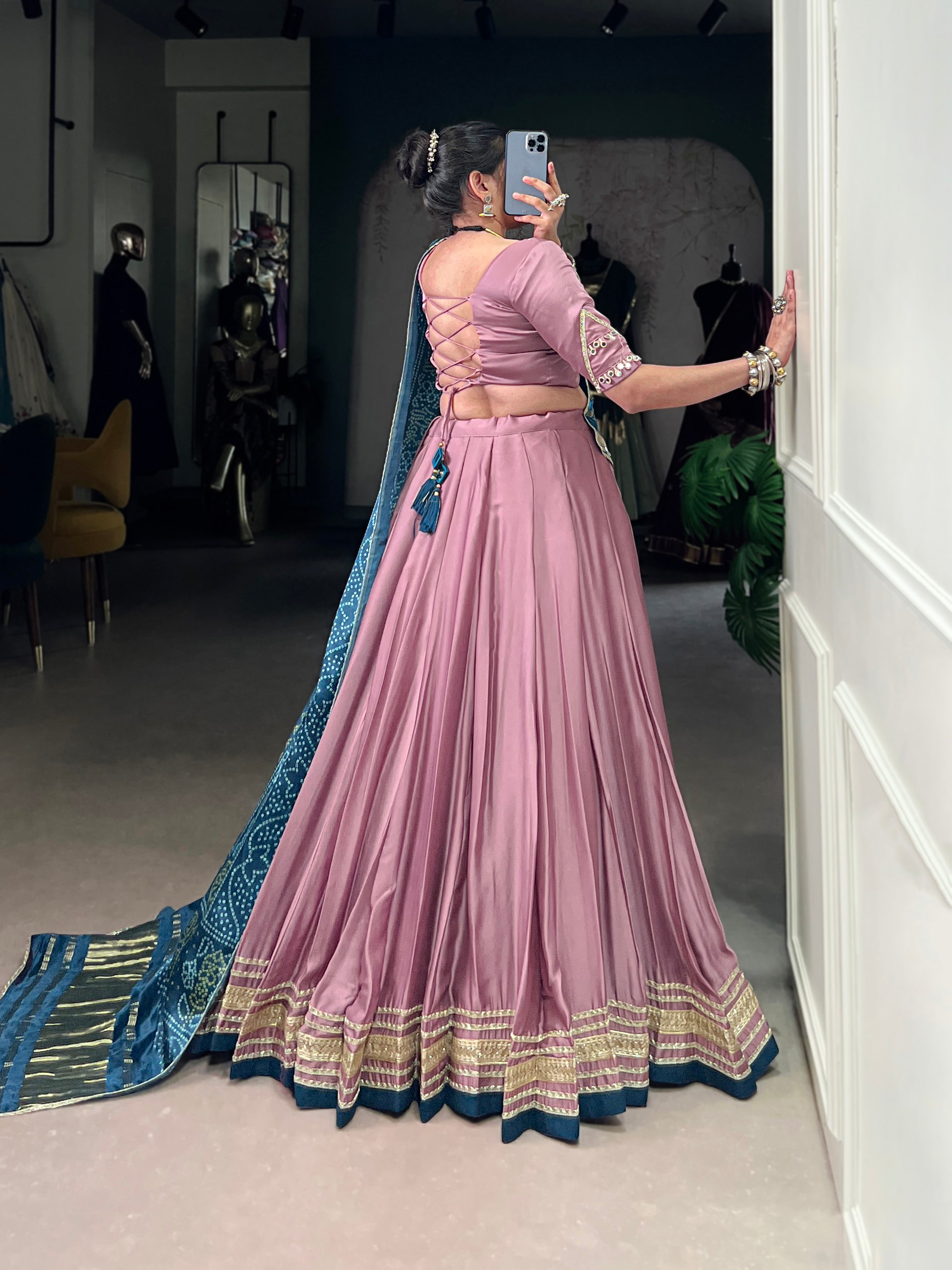 Onion Pink Silk Georgette Lehenga Choli with Lace Detail