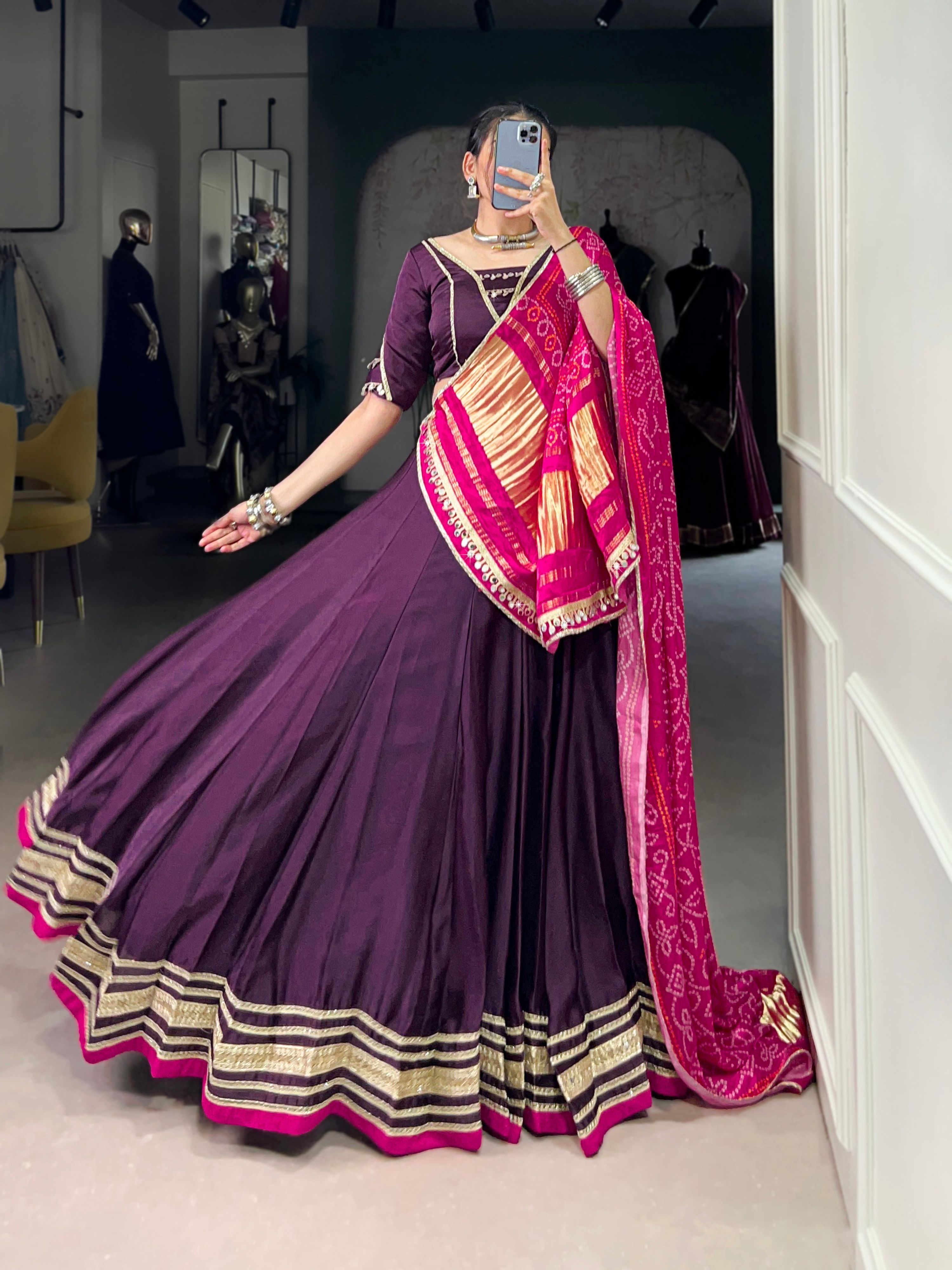 Purple Silk Georgette Lehenga Choli with Lace Detail for Navratri
