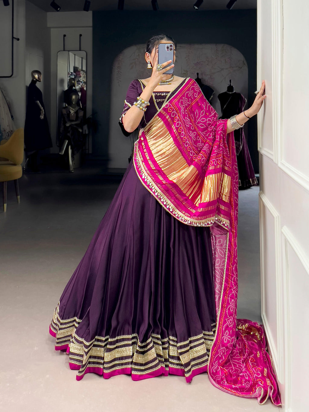 Purple Silk Georgette Lehenga Choli with Lace Detail for Navratri