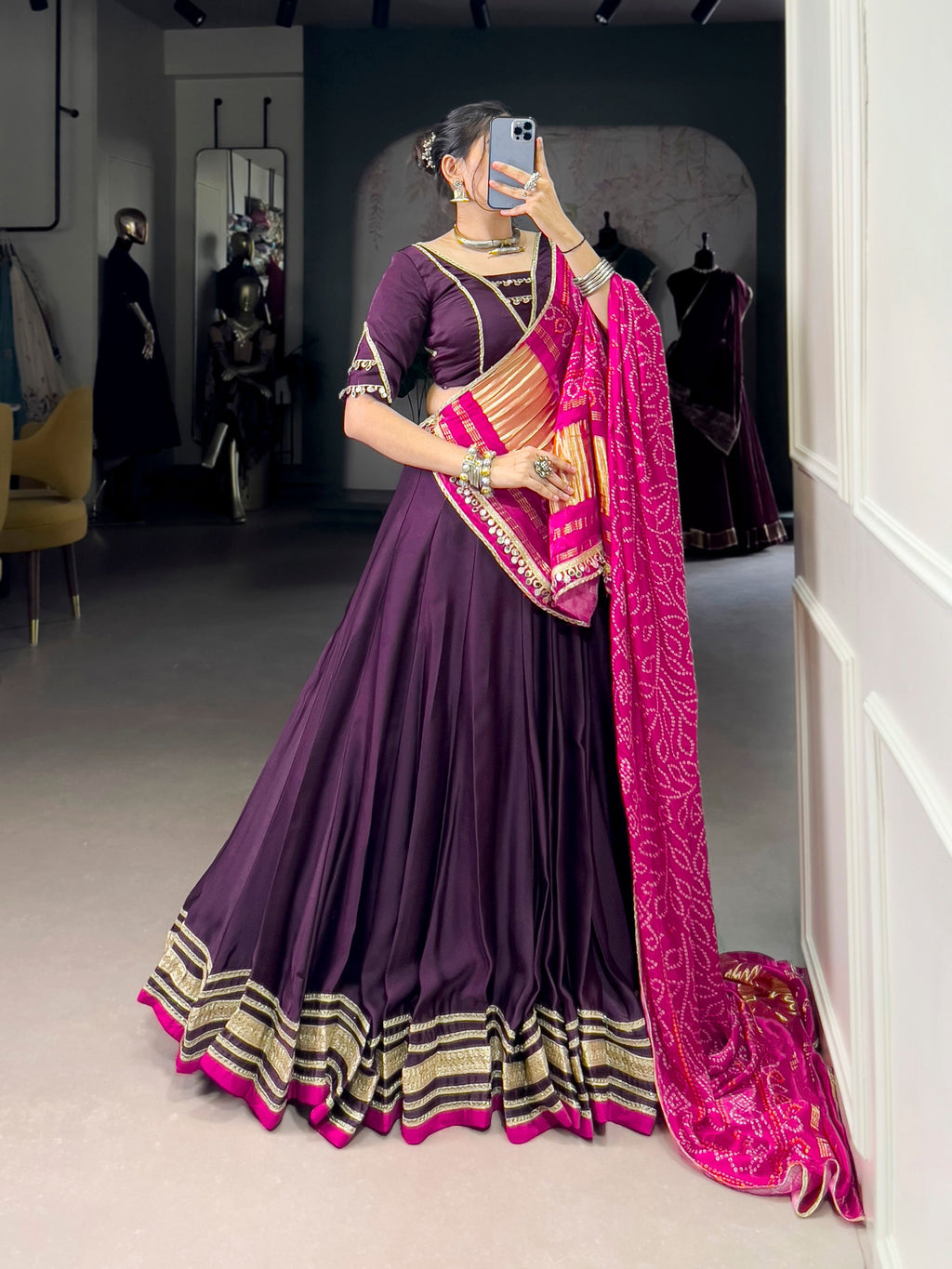Purple Silk Georgette Lehenga Choli with Lace Detail for Navratri