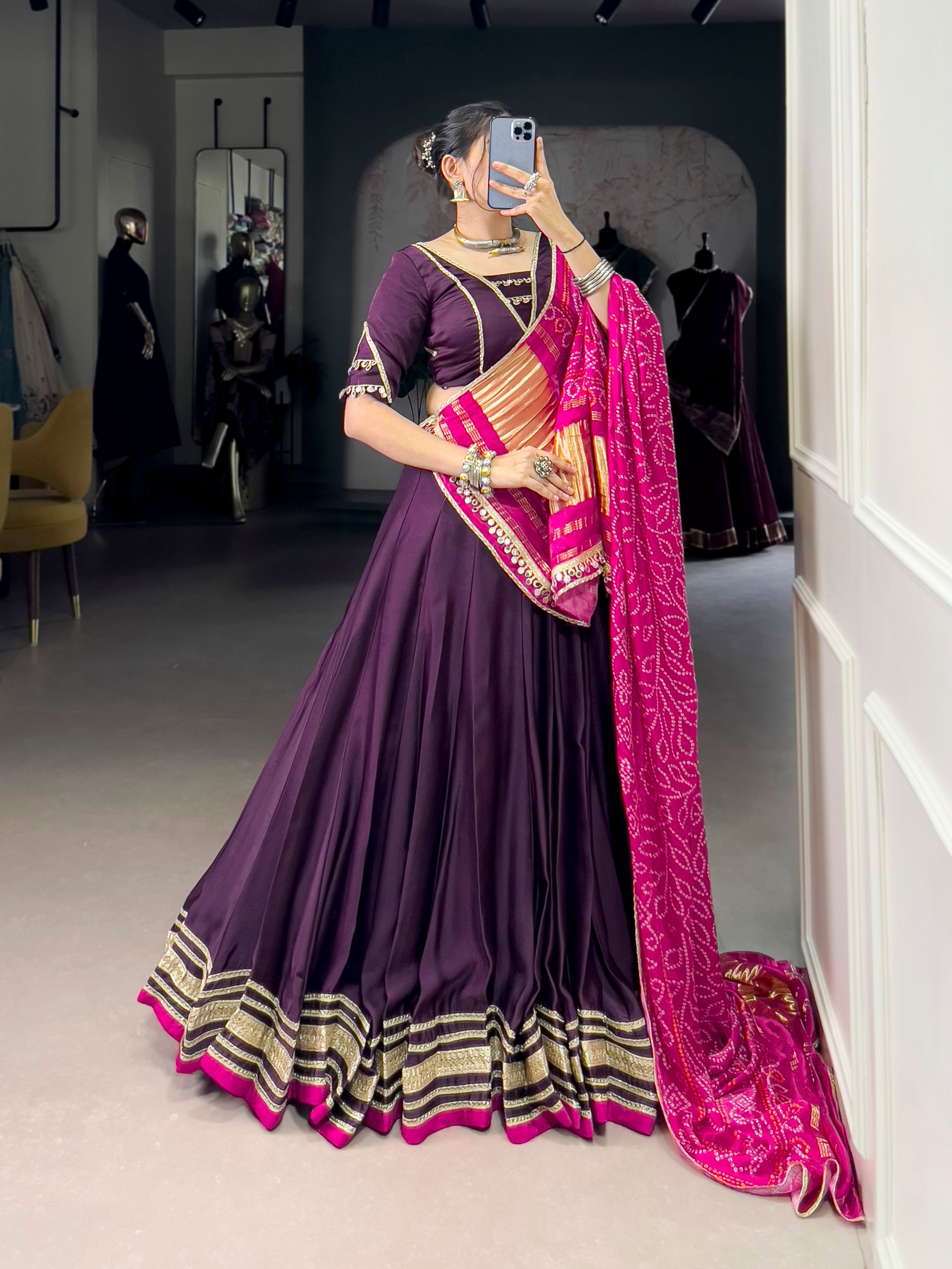 Purple Silk Georgette Lehenga Choli with Lace Detail for Navratri
