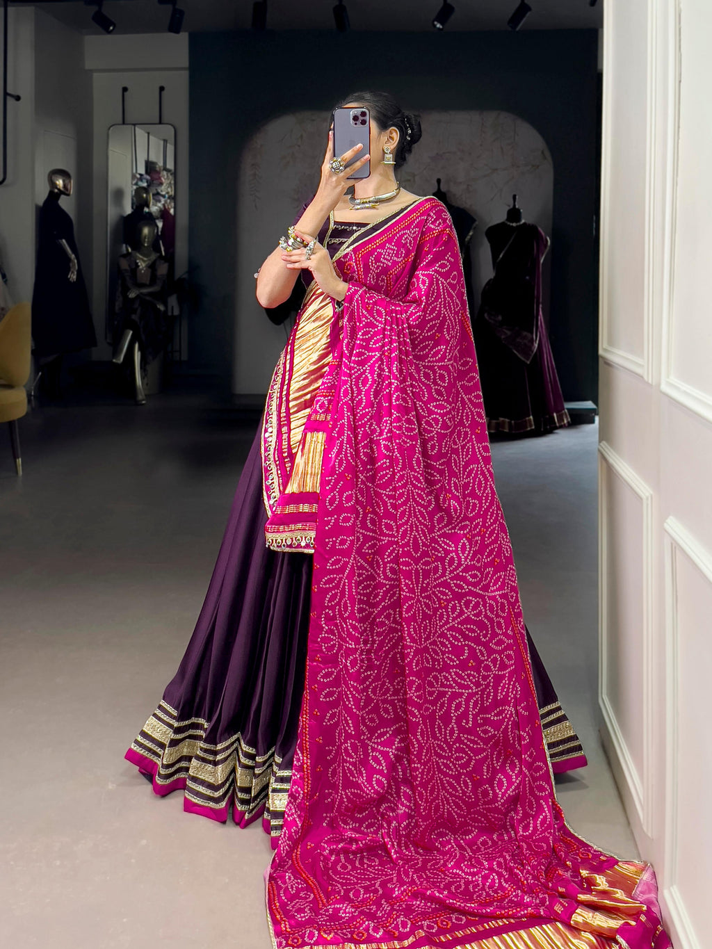 Purple Silk Georgette Lehenga Choli with Lace Detail for Navratri