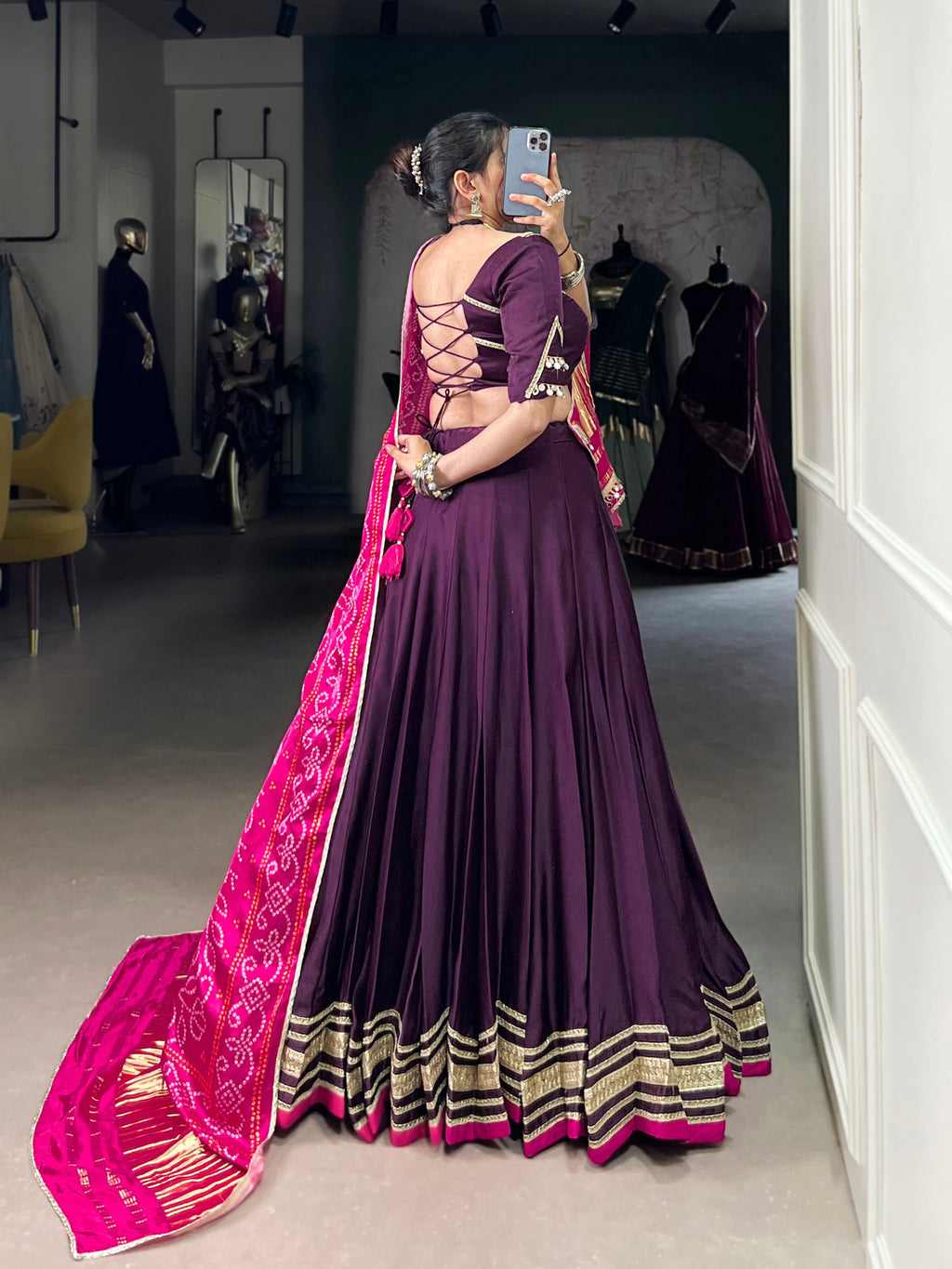 Purple Silk Georgette Lehenga Choli with Lace Detail for Navratri