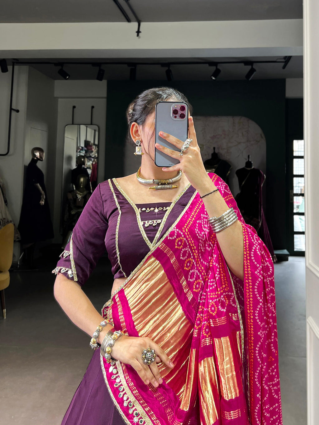 Purple Silk Georgette Lehenga Choli with Lace Detail for Navratri