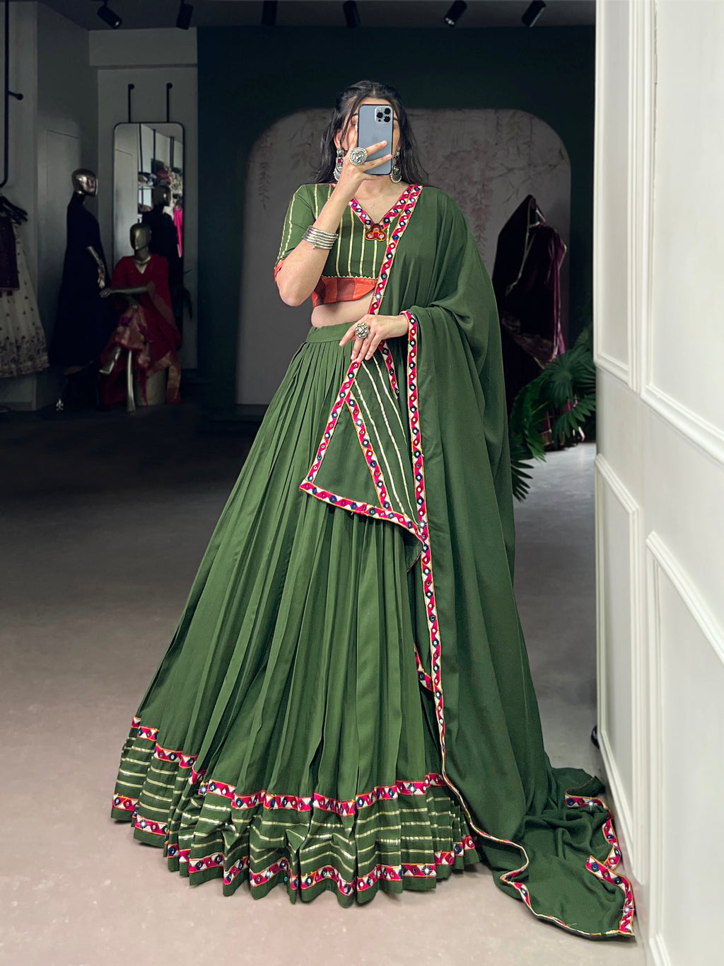 Mahendi pure rayon lehenga choli featuring mirror Gamthi work and Gotta Patti lace