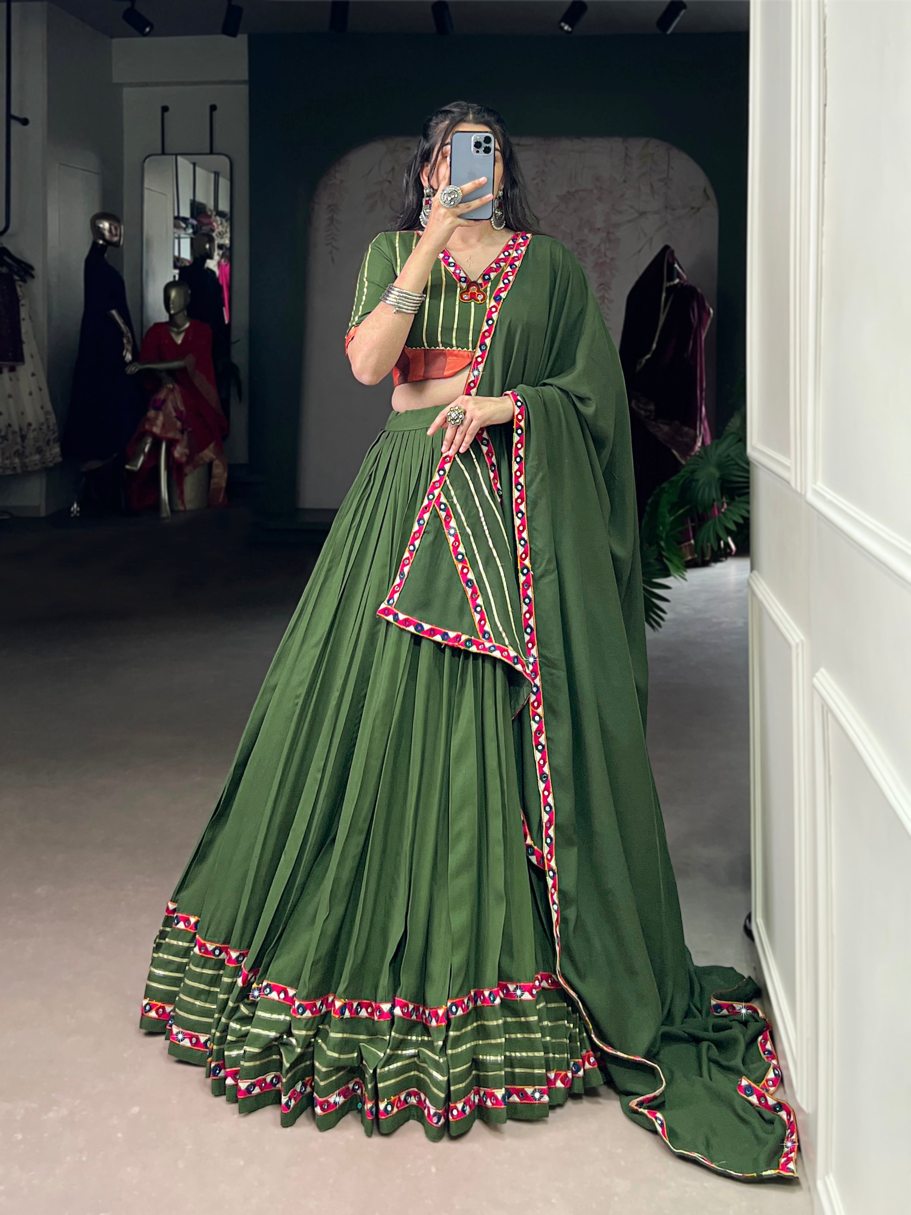 Mahendi pure rayon lehenga choli featuring mirror Gamthi work and Gotta Patti lace