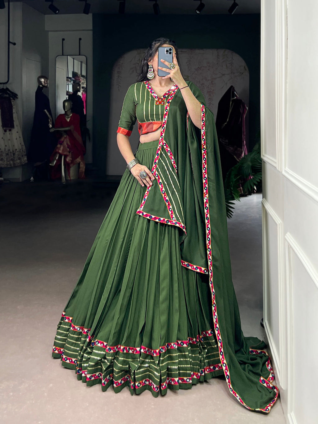 Mahendi Pure Rayon Lehenga Choli with Gamthi Mirror and Gotta Patti