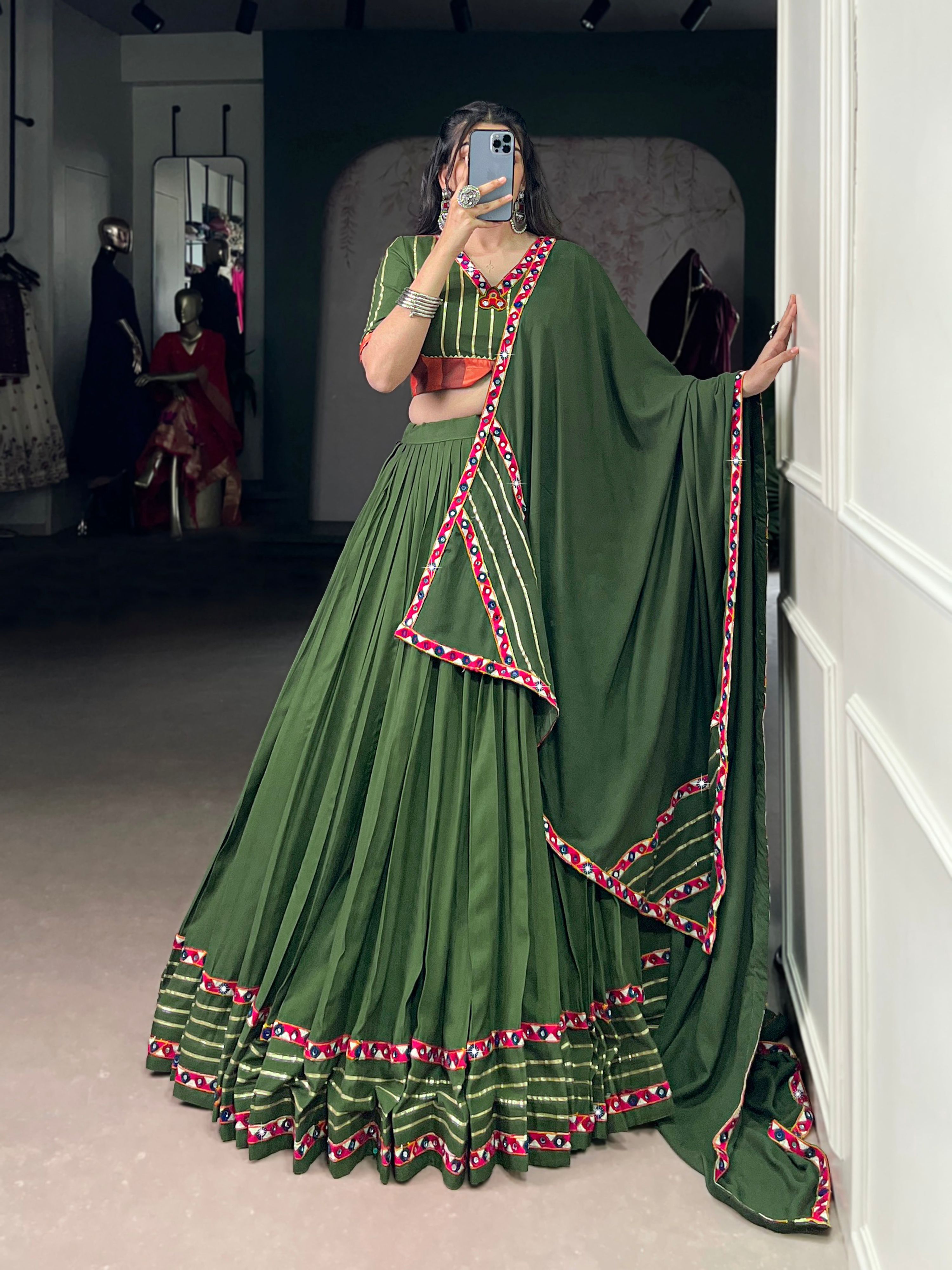 Mahendi Pure Rayon Lehenga Choli with Gamthi Mirror and Gotta Patti
