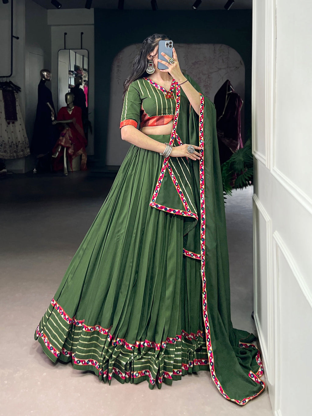 Mahendi Pure Rayon Lehenga Choli with Gamthi Mirror and Gotta Patti