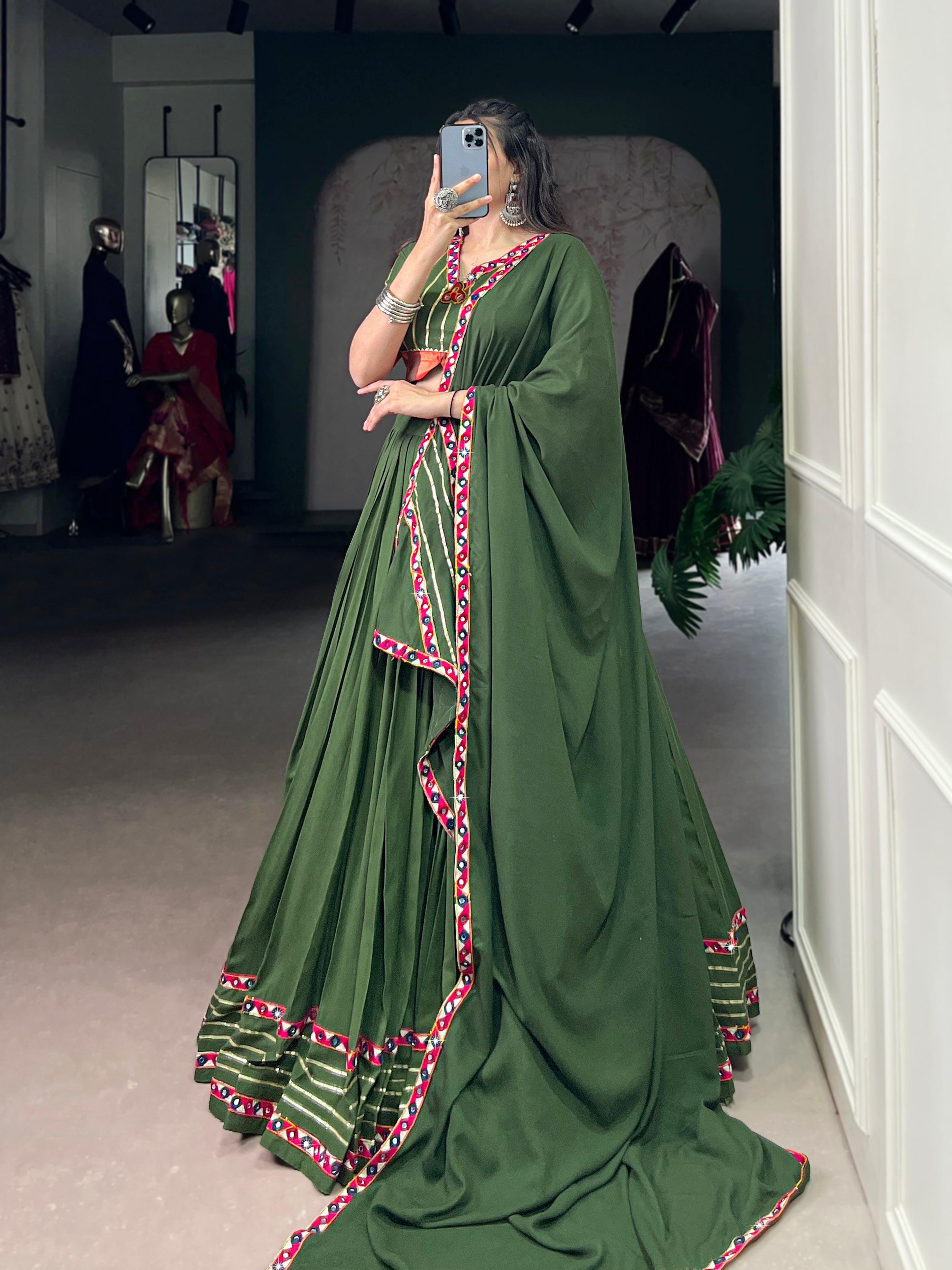 Mahendi Pure Rayon Lehenga Choli with Gamthi Mirror and Gotta Patti