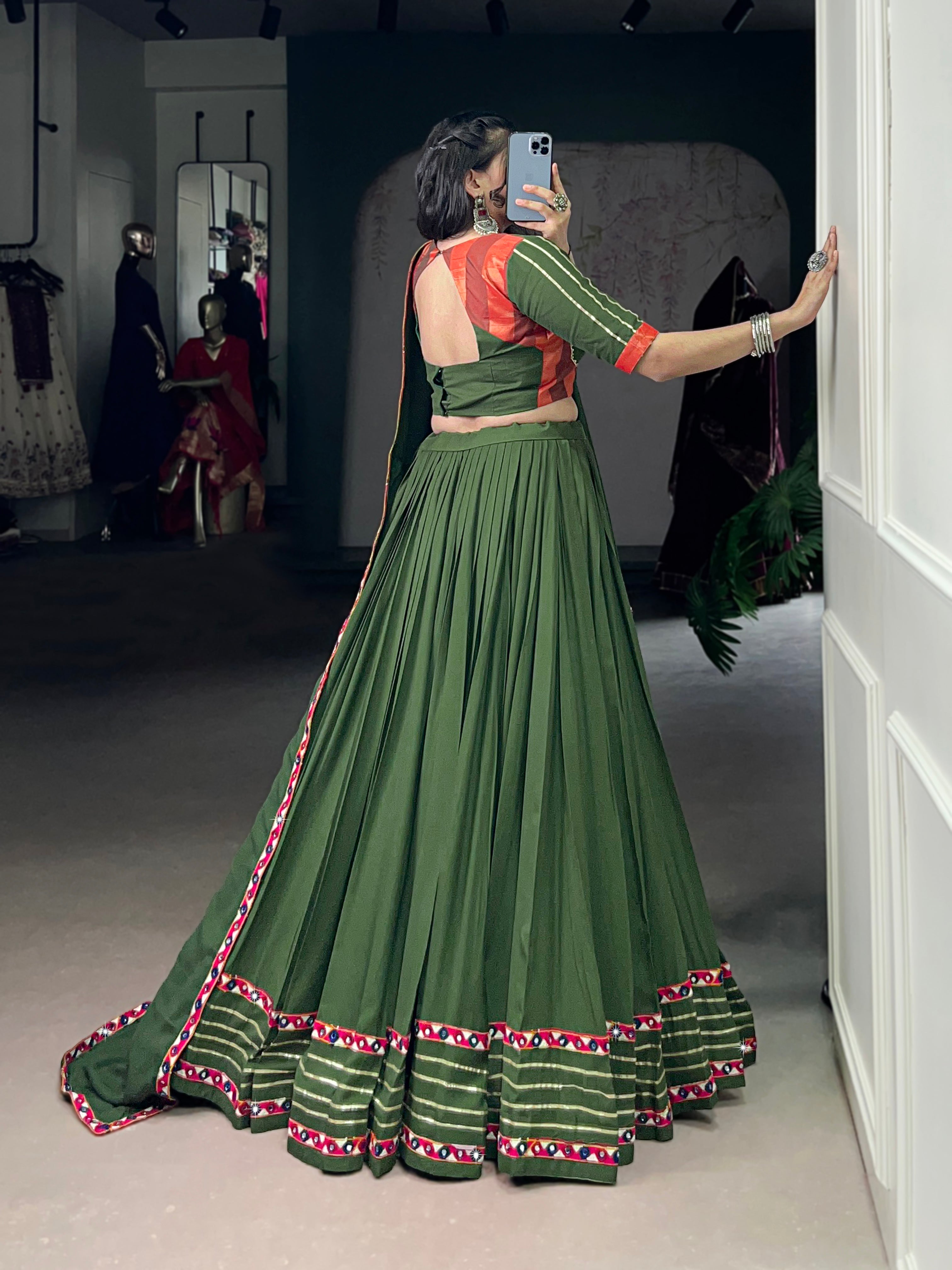 Mahendi Pure Rayon Lehenga Choli with Gamthi Mirror and Gotta Patti