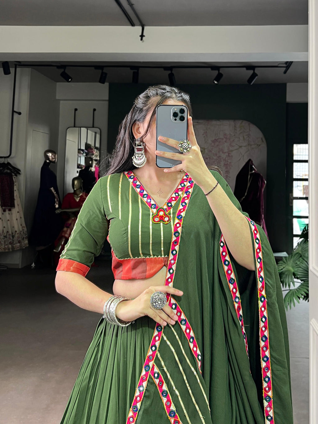 Mahendi Pure Rayon Lehenga Choli with Gamthi Mirror and Gotta Patti