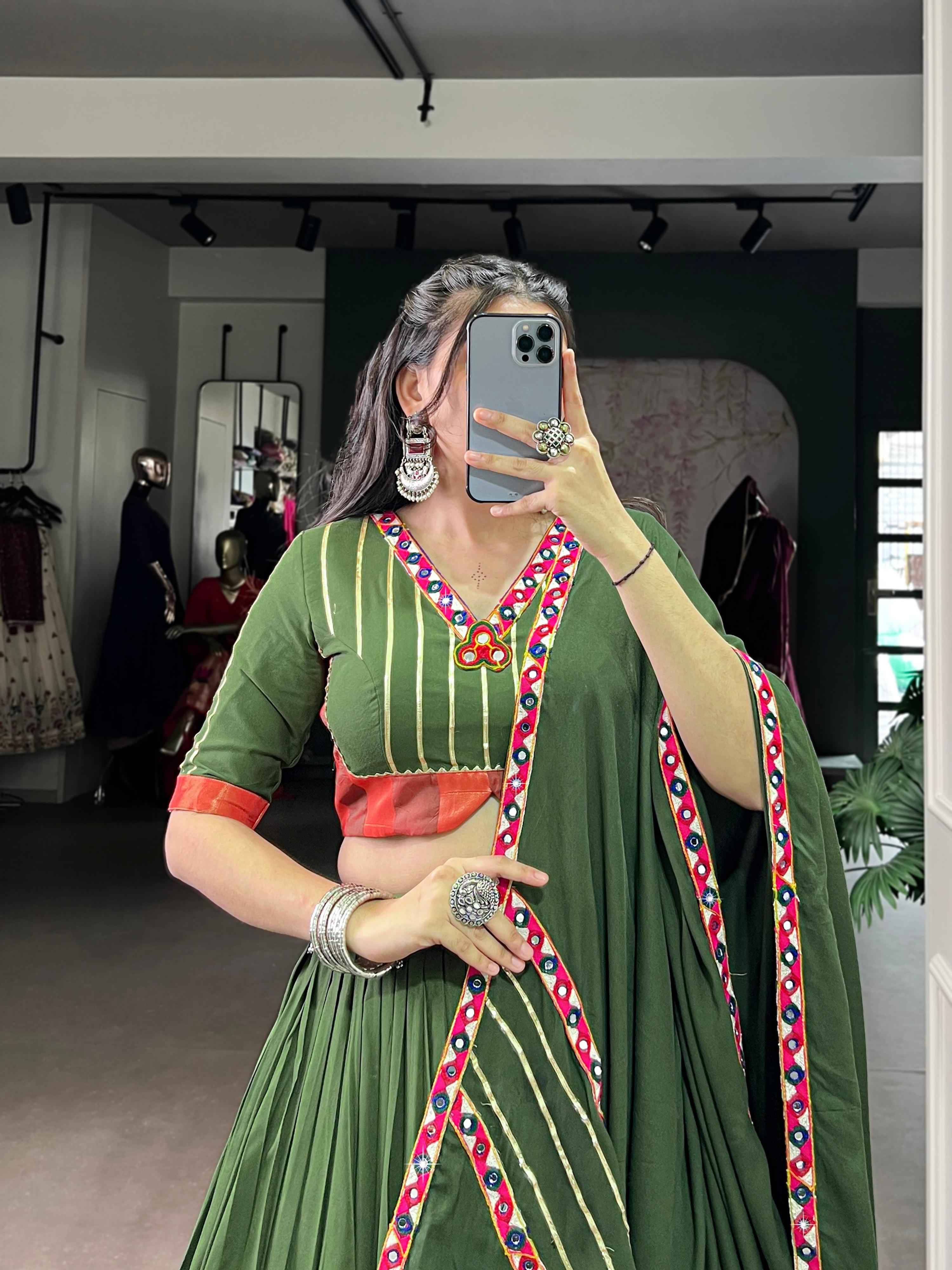 Mahendi Pure Rayon Lehenga Choli with Gamthi Mirror and Gotta Patti