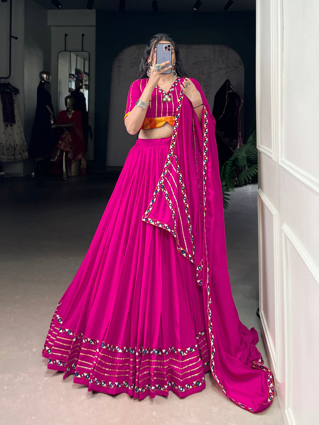 Pink pure rayon lehenga choli with mirror Gamthi work and Gotta Patti lace