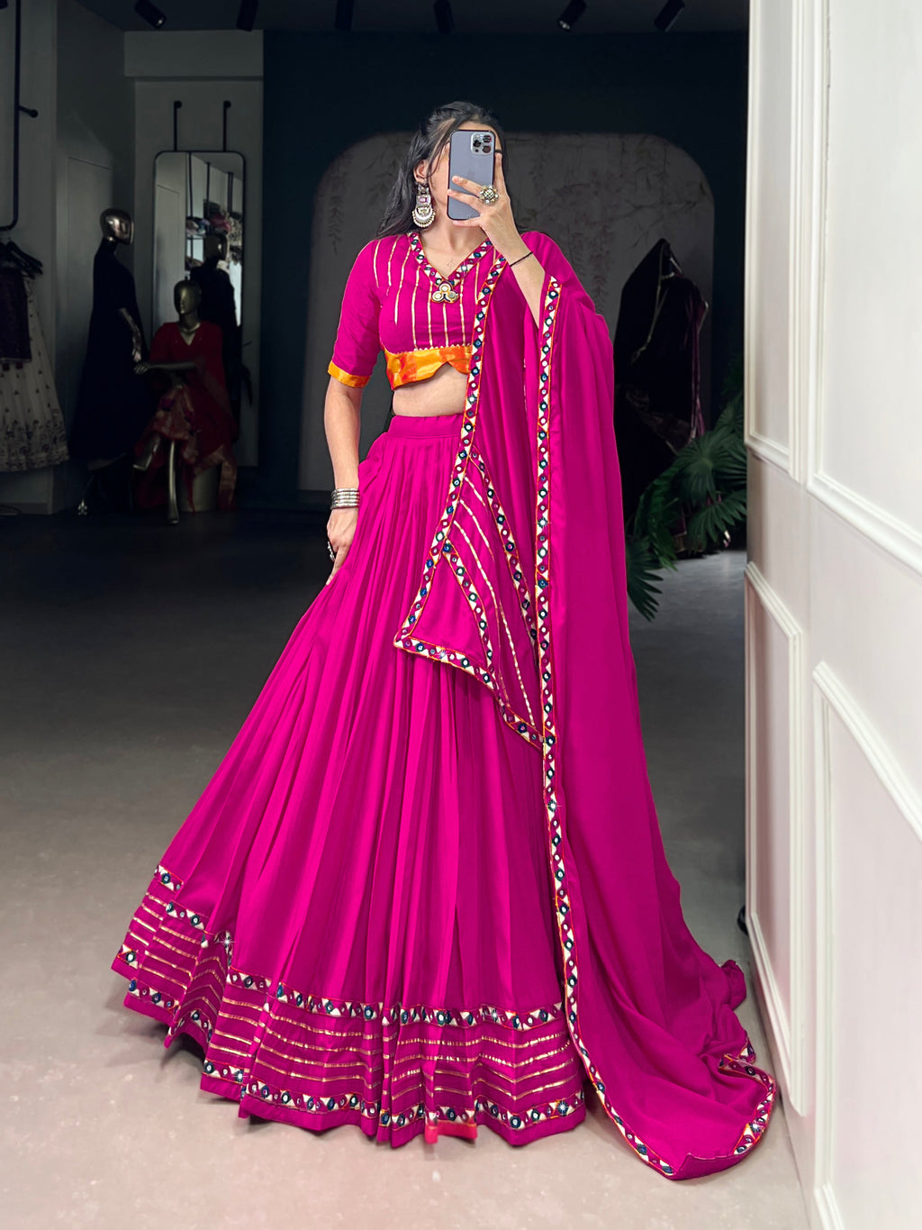 Pink Rayon Mirror Work Lehenga Choli with Gotta Patti Lace