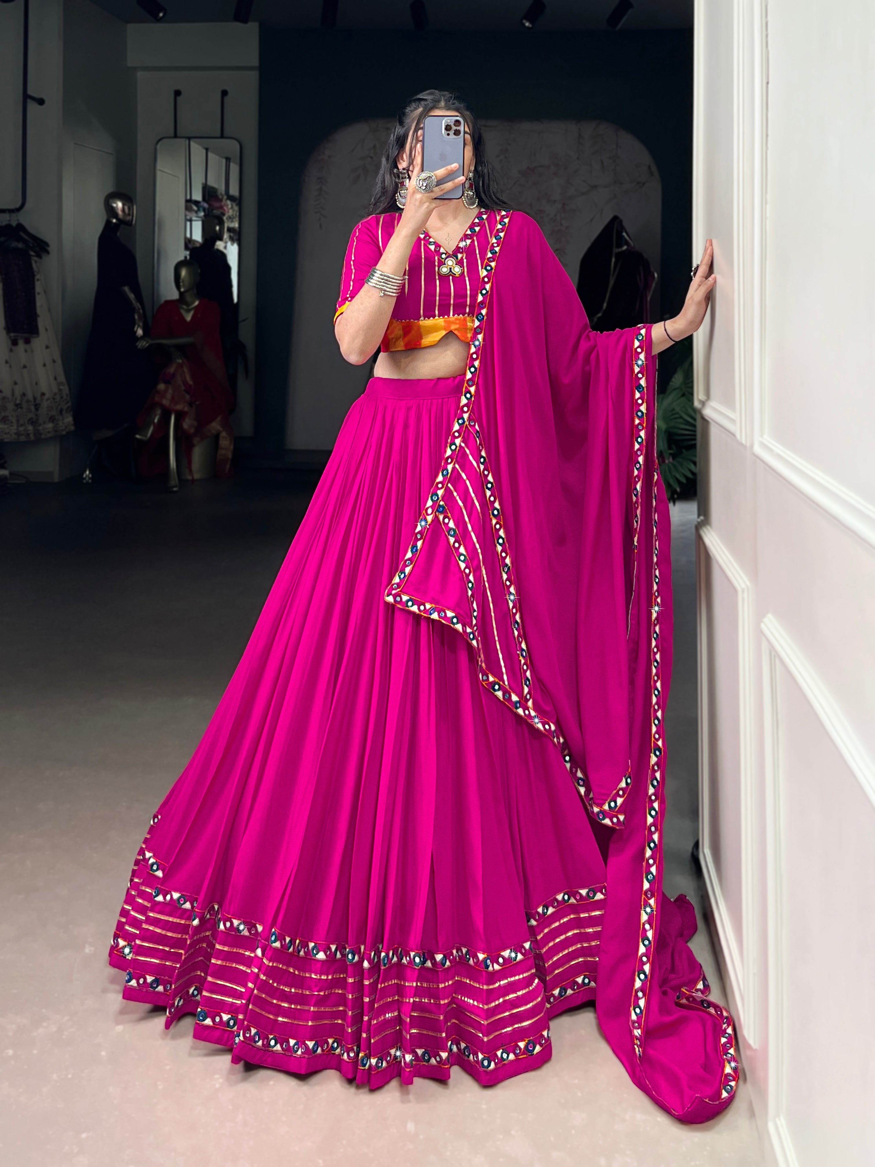 Pink Rayon Mirror Work Lehenga Choli with Gotta Patti Lace