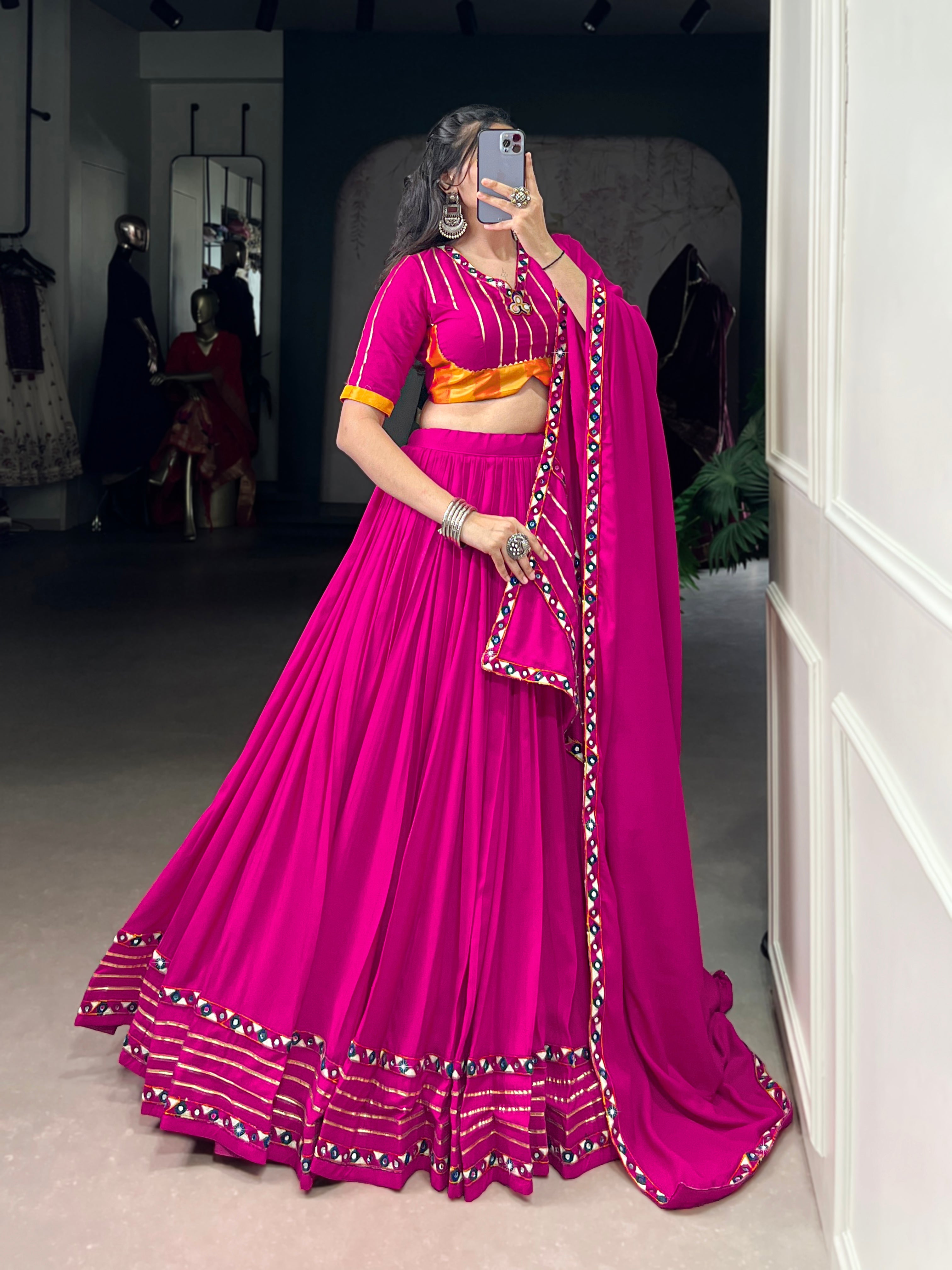 Pink Rayon Mirror Work Lehenga Choli with Gotta Patti Lace