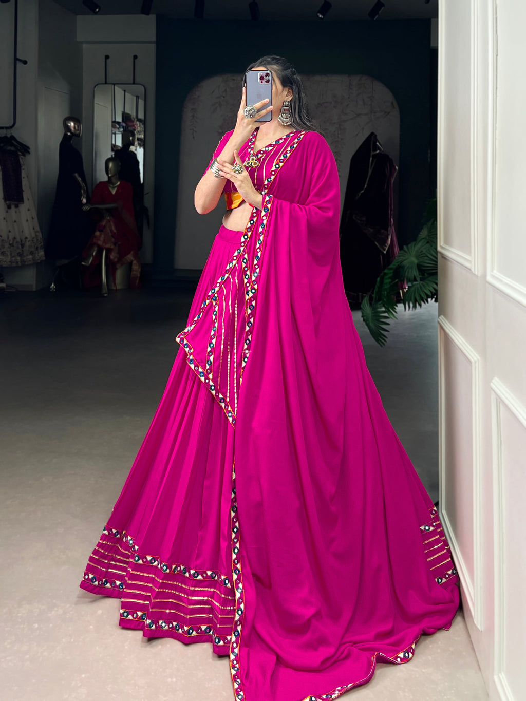 Pink Rayon Mirror Work Lehenga Choli with Gotta Patti Lace