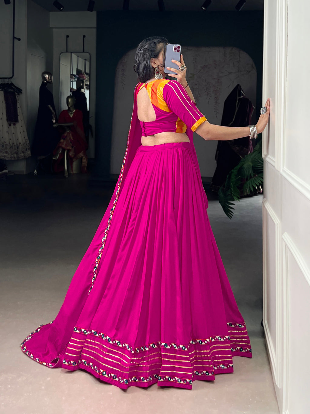 Pink Rayon Mirror Work Lehenga Choli with Gotta Patti Lace