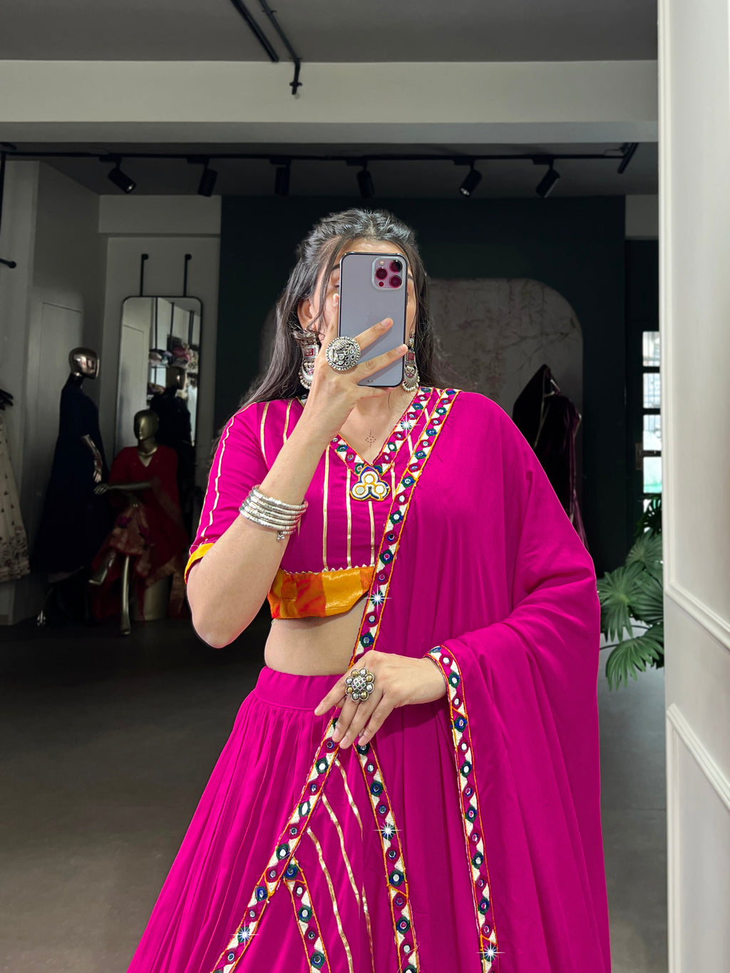 Pink Rayon Mirror Work Lehenga Choli with Gotta Patti Lace