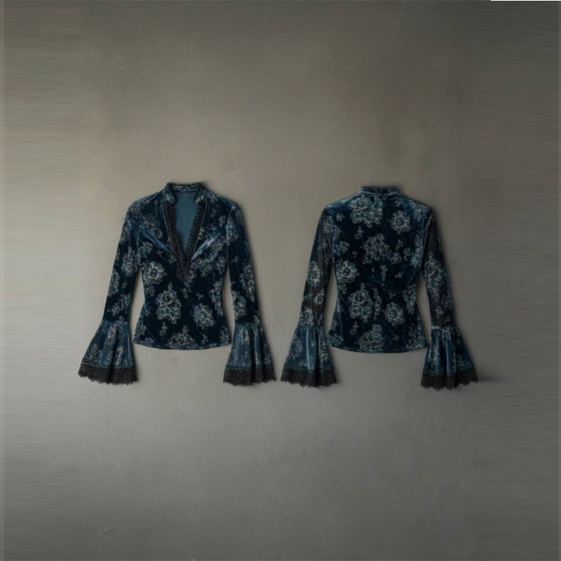 Women's Retro Floral Velvet V-Neck Blouse with Lace Bell Sleeves - Image 7