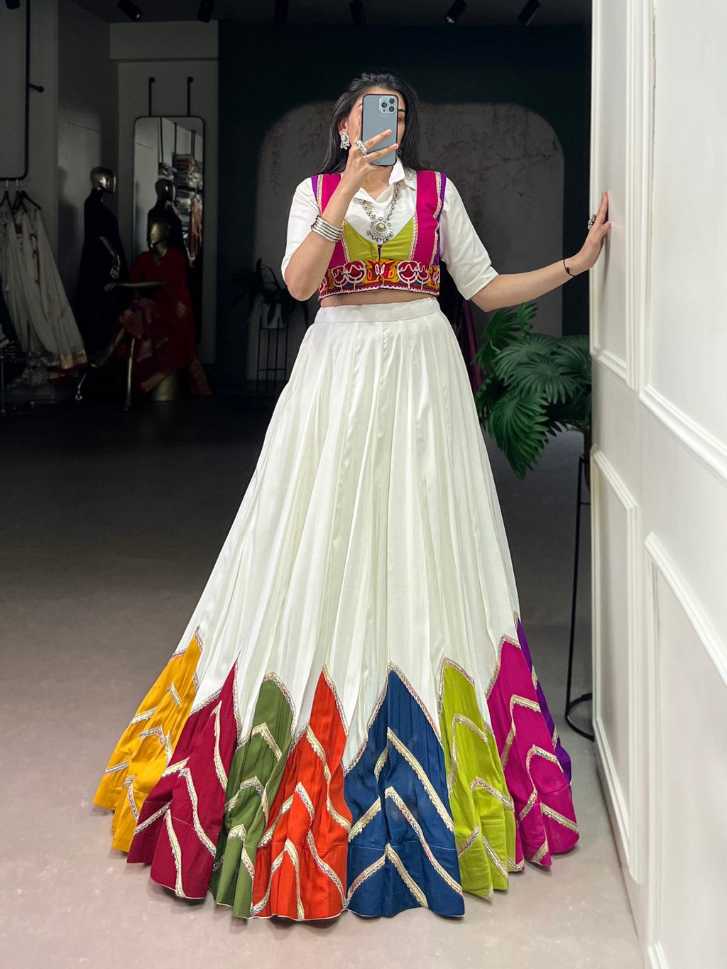 White Rayon Lehenga Choli with Multi Colour Patch and Koti