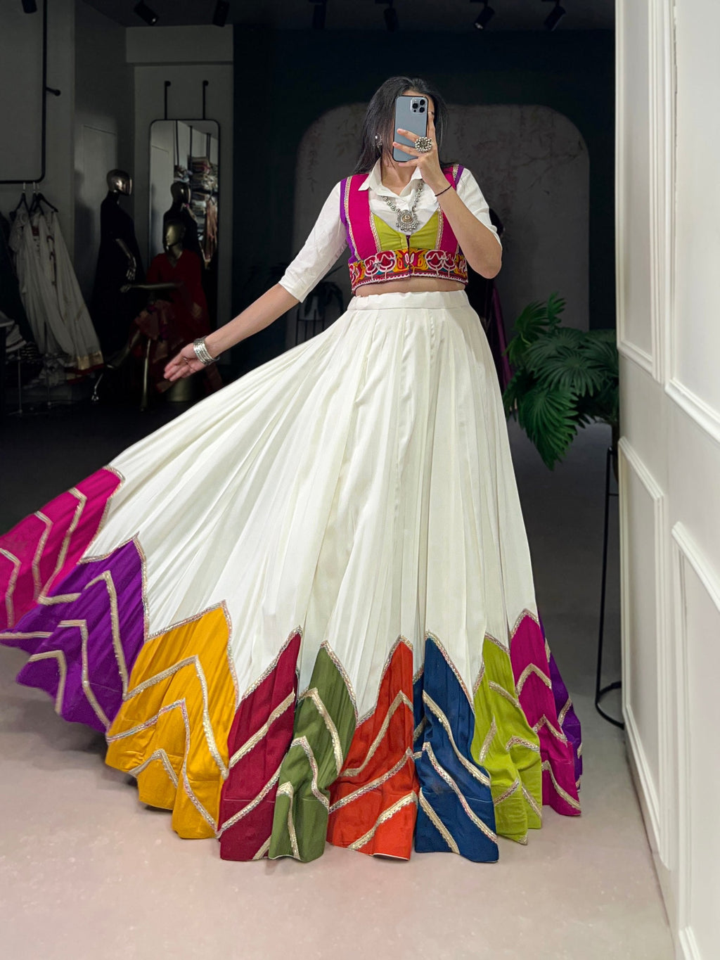 White Rayon Lehenga Choli with Multi Colour Patch and Koti