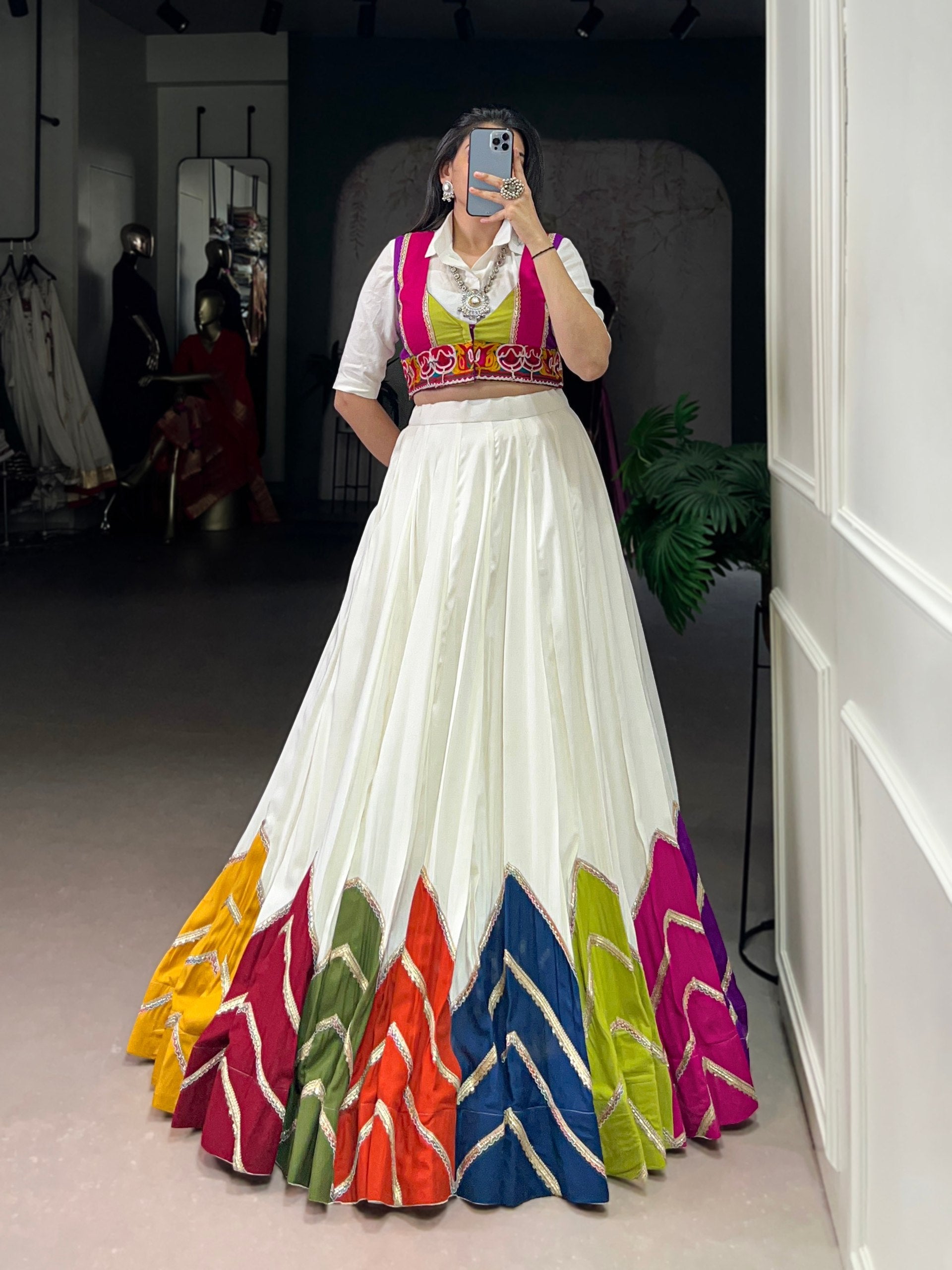 White Rayon Lehenga Choli with Multi Colour Patch and Koti