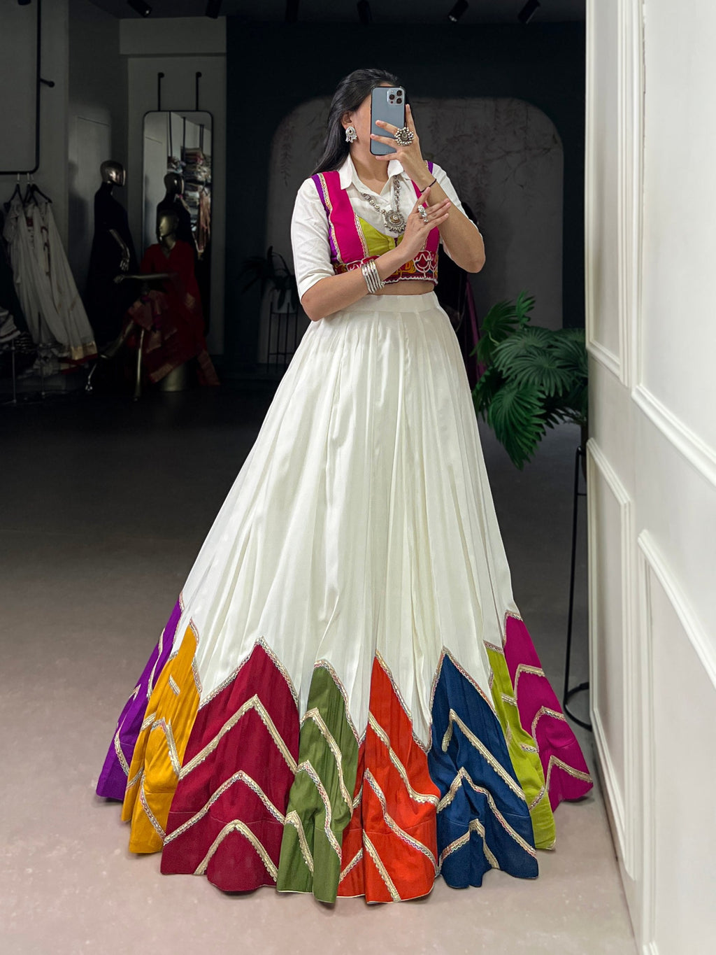 White Rayon Lehenga Choli with Multi Colour Patch and Koti