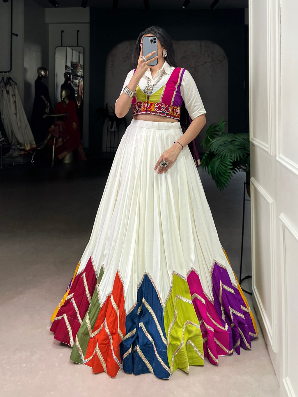 White Rayon Lehenga Choli with Multi Colour Patch and Koti