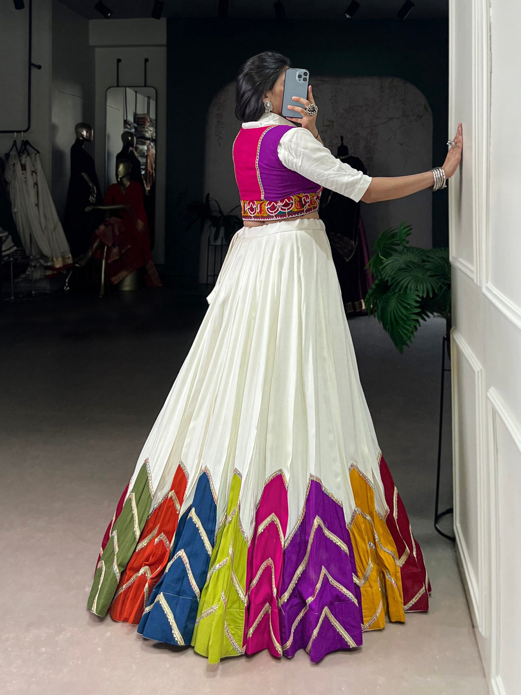 White Rayon Lehenga Choli with Multi Colour Patch and Koti