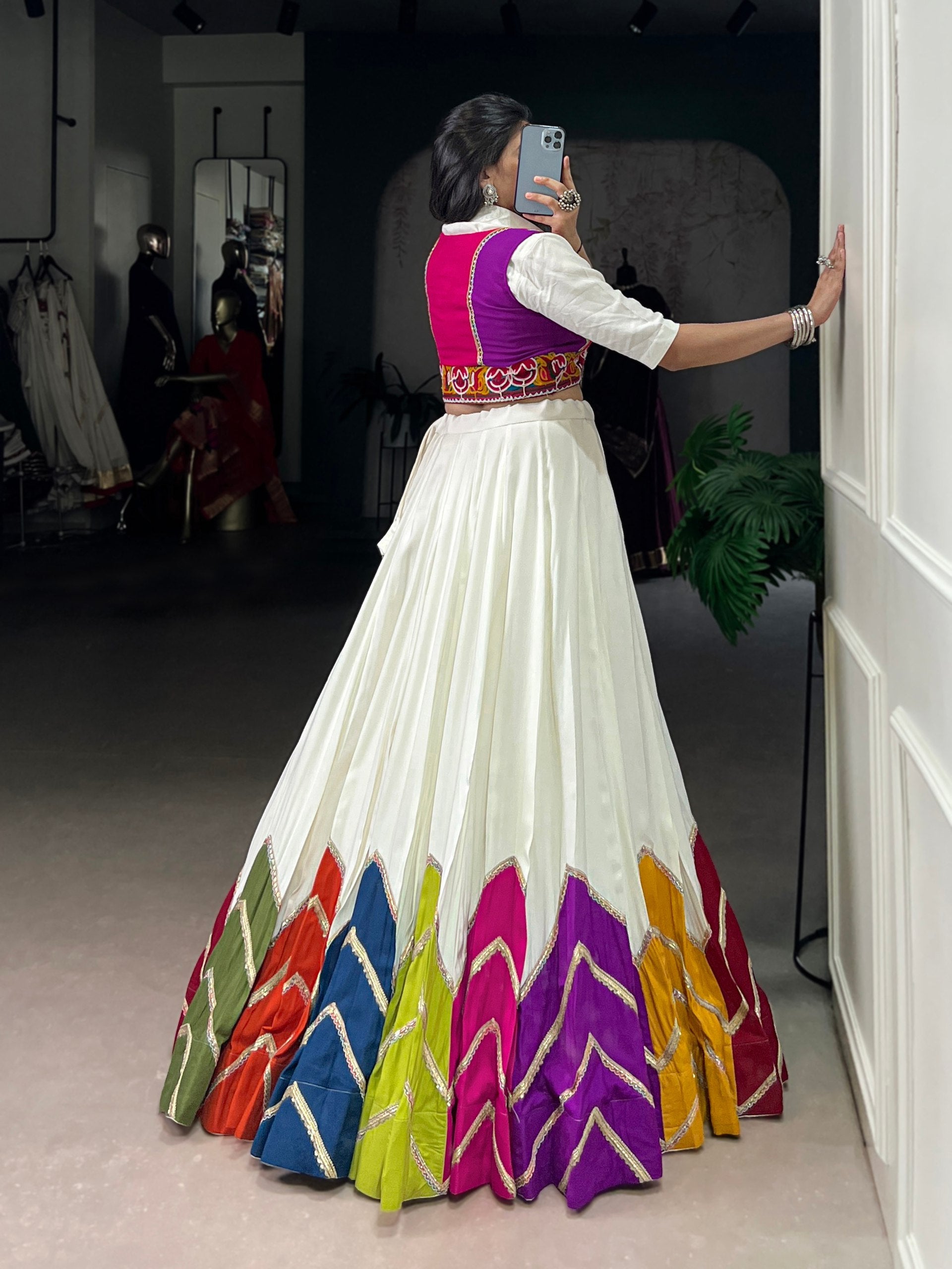 White Rayon Lehenga Choli with Multi Colour Patch and Koti