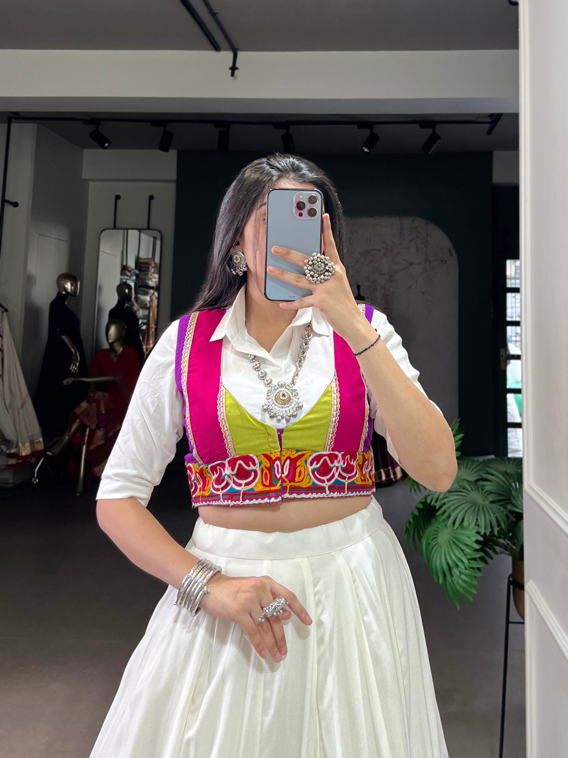 White Rayon Lehenga Choli with Multi Colour Patch and Koti