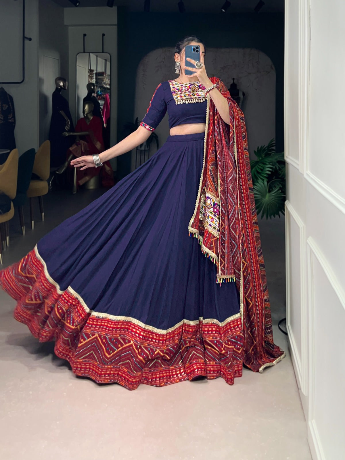 Navy blue Bandhej print lehenga choli with foil work and lace trim for women