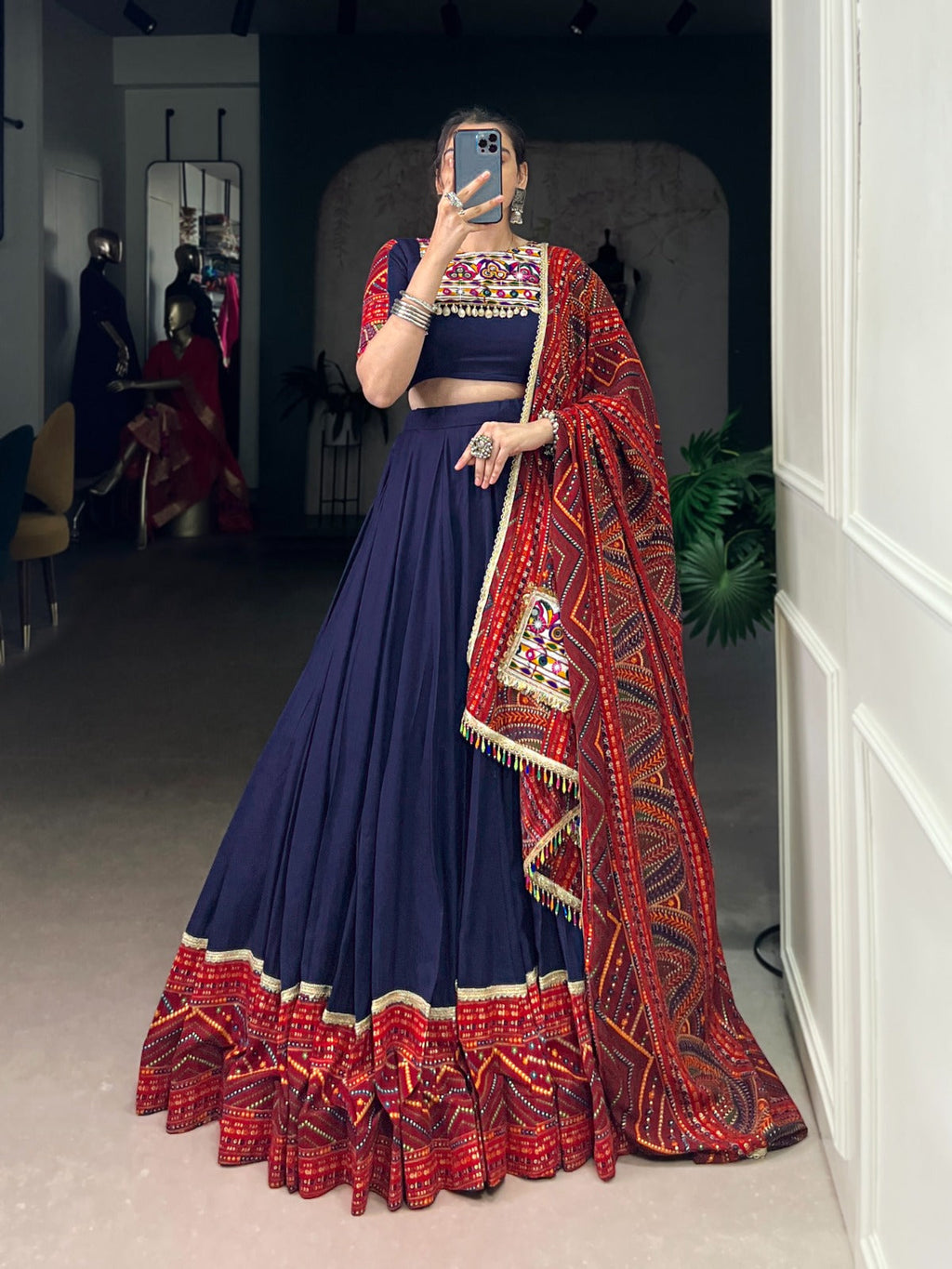 Navy Blue Bandhej Print Lehenga Choli with Foil Work and Lace