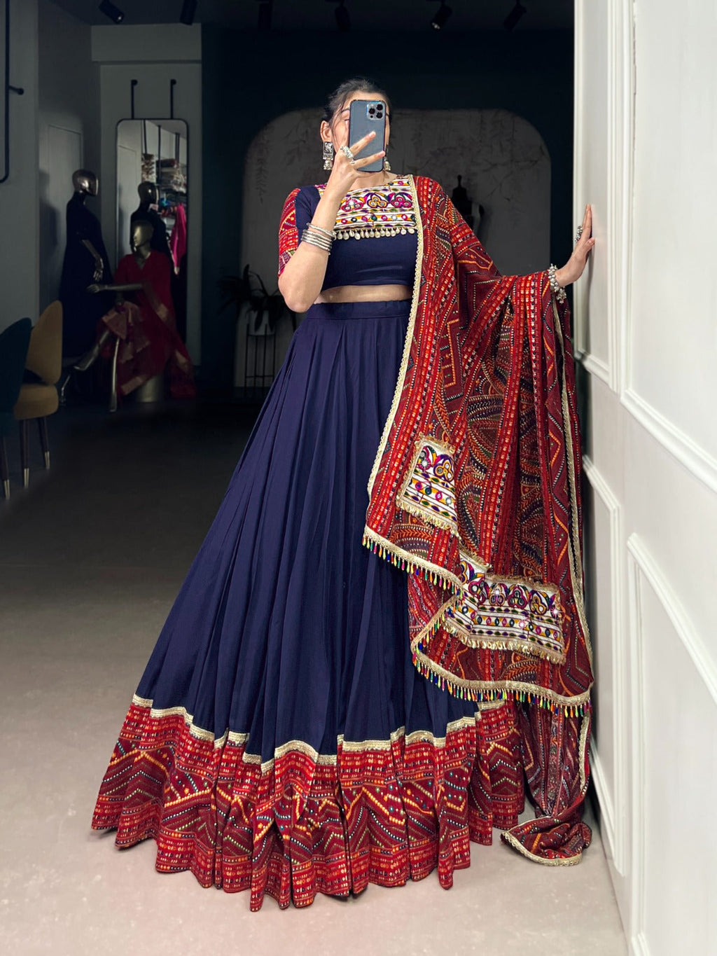 Navy Blue Bandhej Print Lehenga Choli with Foil Work and Lace