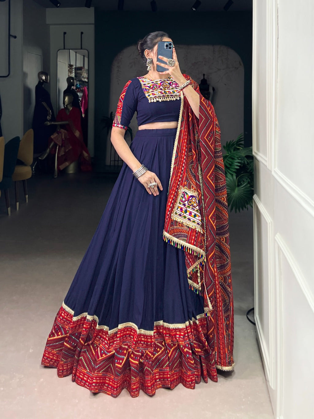 Navy Blue Bandhej Print Lehenga Choli with Foil Work and Lace