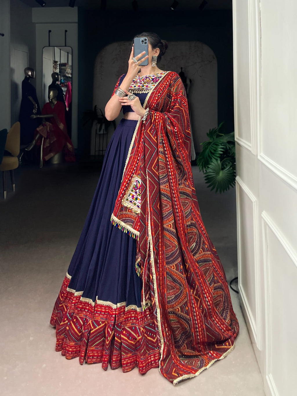 Navy Blue Bandhej Print Lehenga Choli with Foil Work and Lace