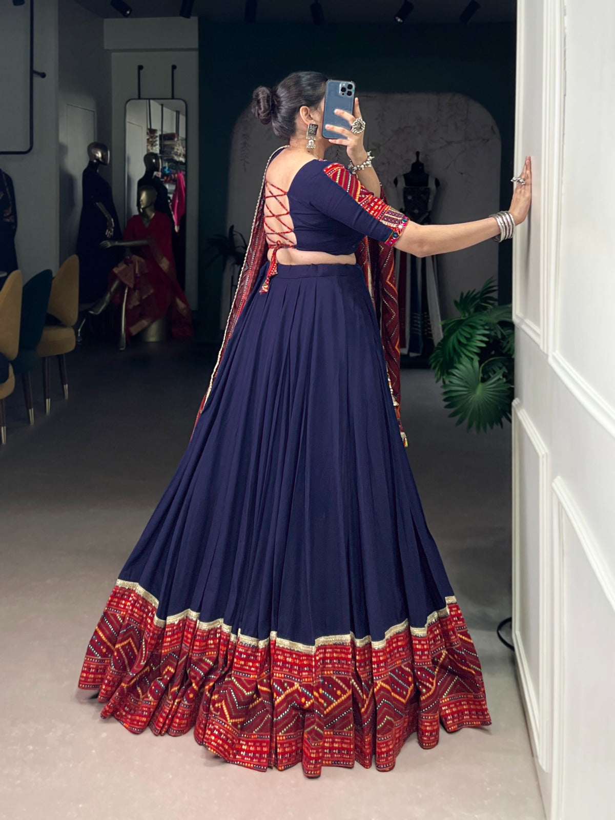 Navy Blue Bandhej Print Lehenga Choli with Foil Work and Lace
