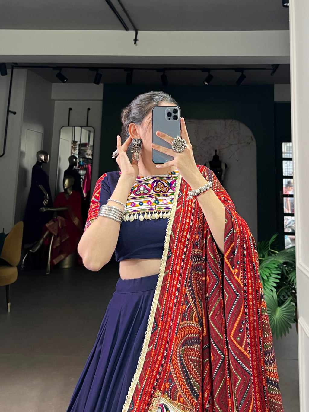 Navy Blue Bandhej Print Lehenga Choli with Foil Work and Lace