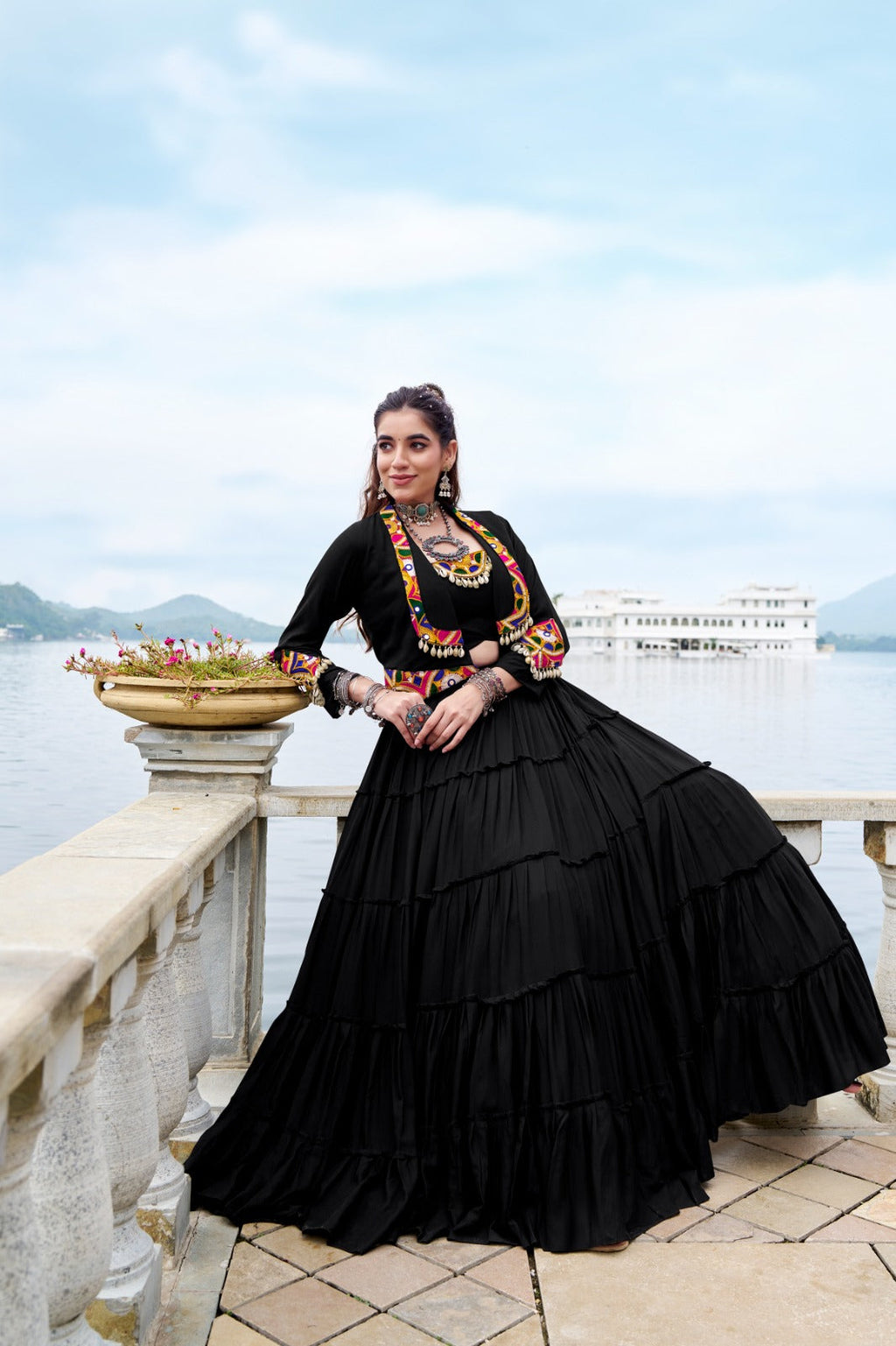 Black Pure Rayon Frill Lehenga Choli with Koti