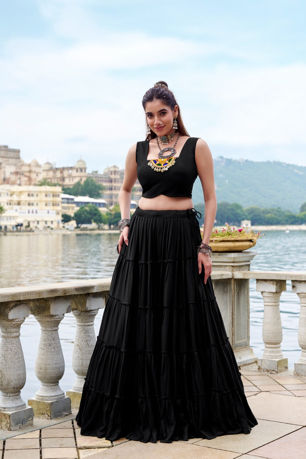 Black pure rayon lehenga choli with frill design and Koti, perfect for Navratri